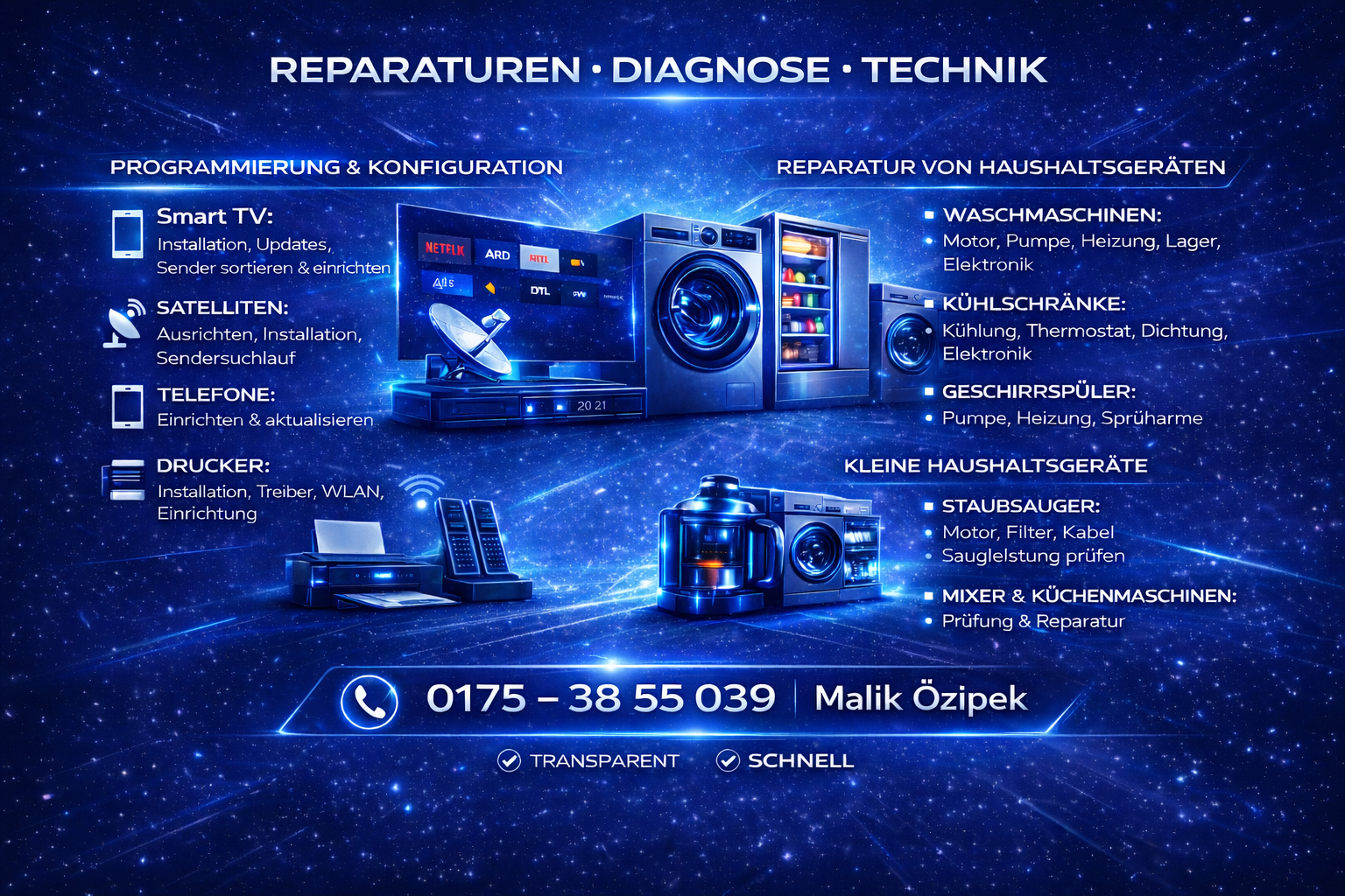 Mobiler Techniker für Haushaltsgeräte – Diagnose und Reparatur von kleinen und großen Geräten